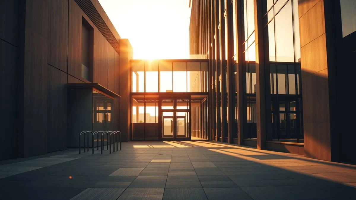 Imagen ilustrativa: fachada de un edificio corporativo moderno al atardecer, con líneas de arquitectura que convergen hacia la entrada.