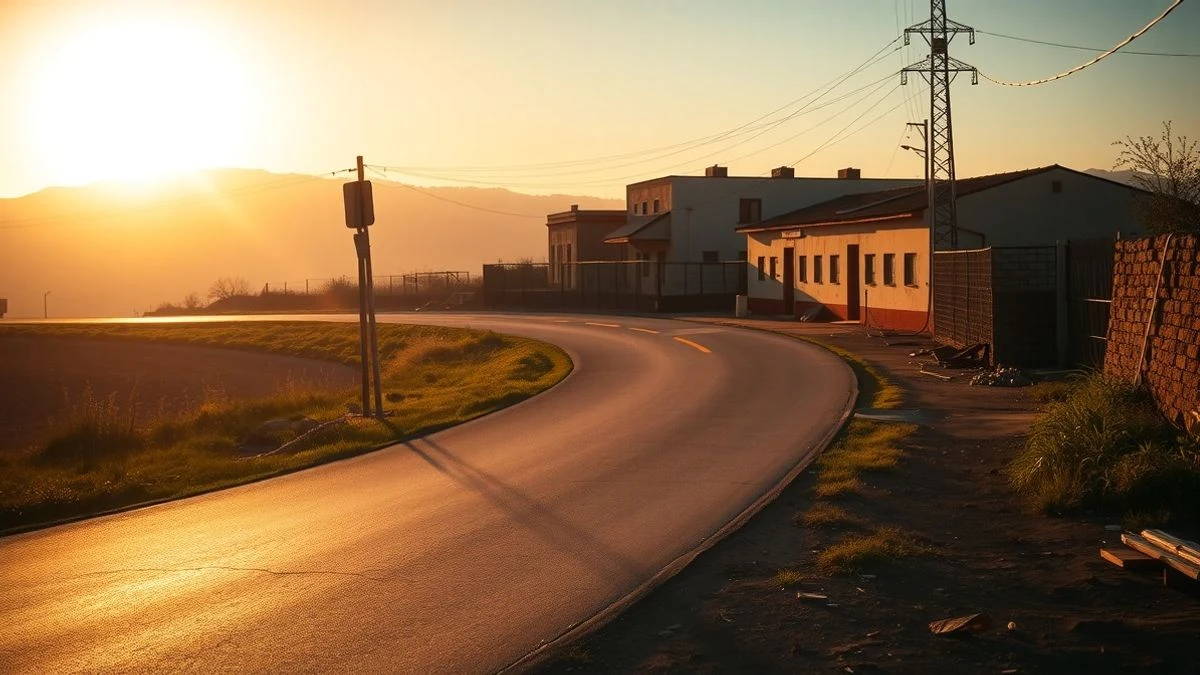 Calle rural con materiales de obra y sombras largas al atardecer, edificio municipal al fondo