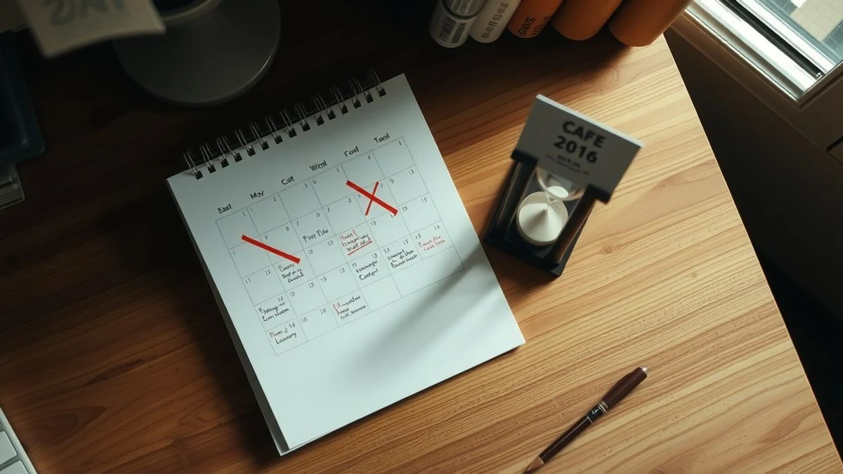 Imagen ilustrativa: vista cenital de un calendario con fechas tachadas y un reloj de arena sobre una mesa de madera.