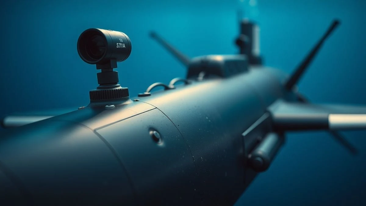 Imagen ilustrativa: primer plano de un dron submarino con sensores de sonar en un entorno acuático iluminado
