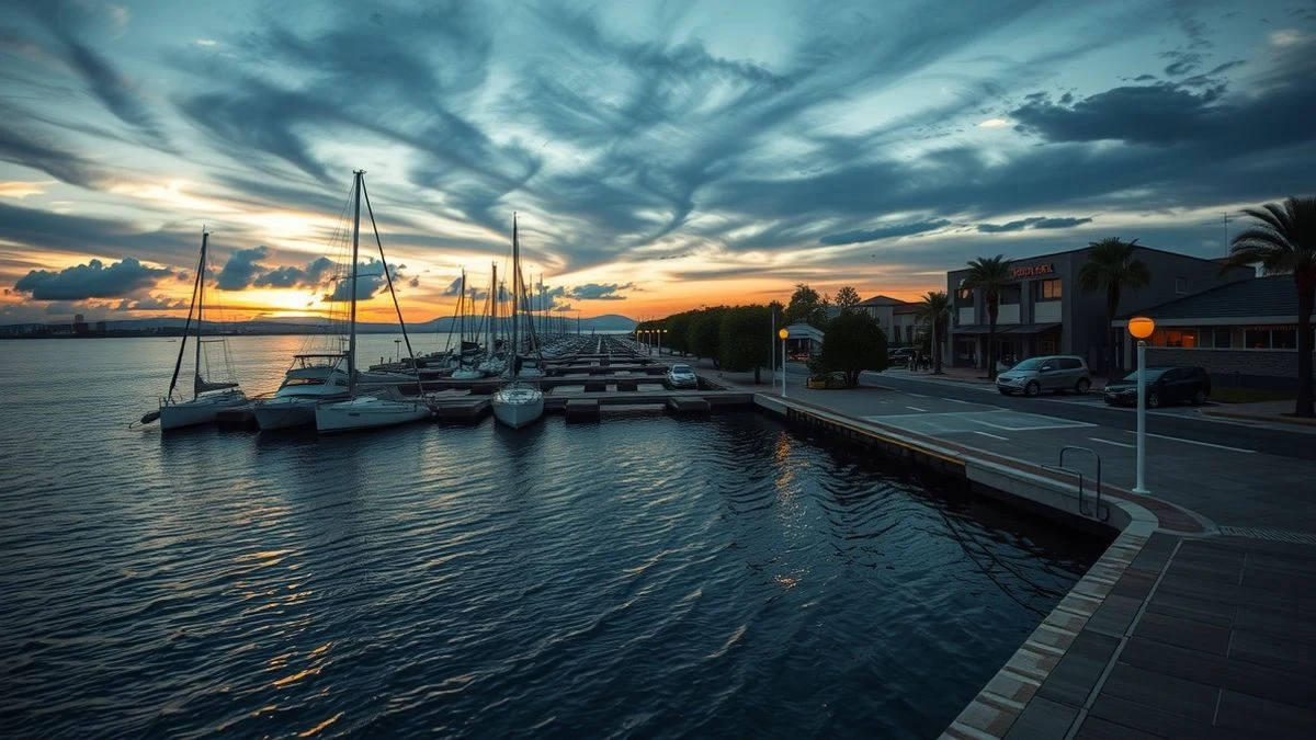 Imagen ilustrativa: mástiles de veleros en un puerto deportivo al atardecer, con líneas que convergen hacia el horizonte