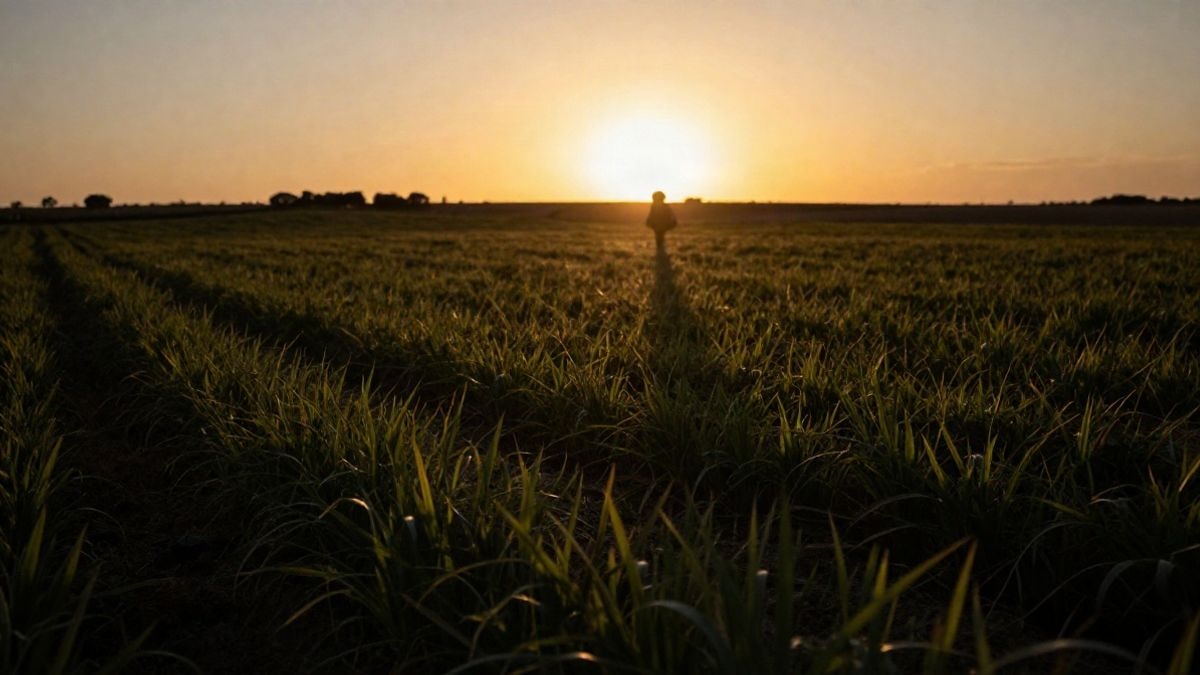 Imagen ilustrativa: campo agrícola al atardecer con siluetas de cultivos y sombras largas, representando el impacto de nuevas técnicas en la agricultura.