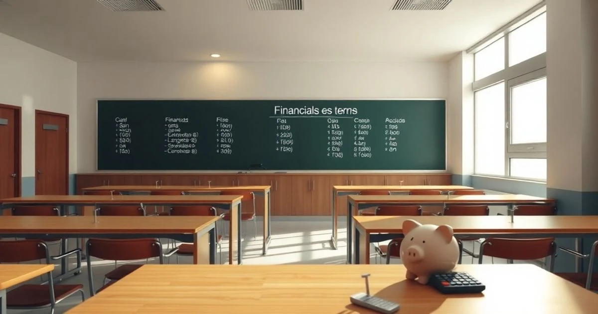Aula universitaria vacía con pizarra donde se leen términos financieros, una calculadora y una hucha sobre un pupitre