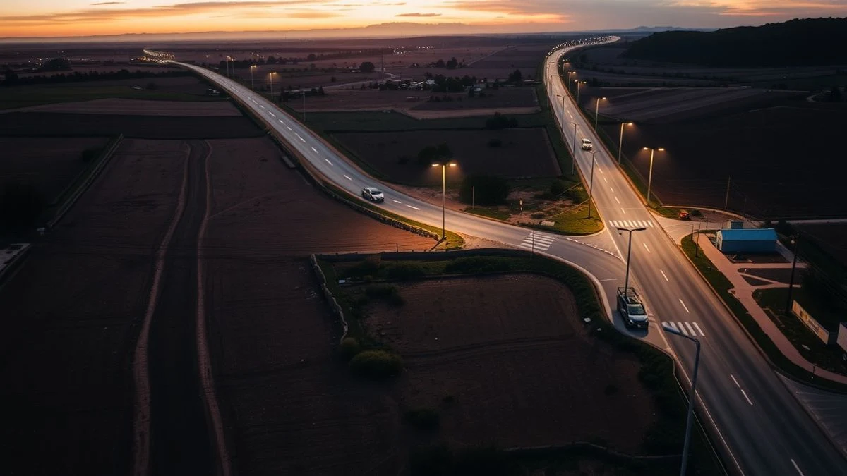 Vista aérea de una zona ganadera con caminos de tierra y farolas viejas, en proceso de transformación con nuevo asfalto y farolas LED