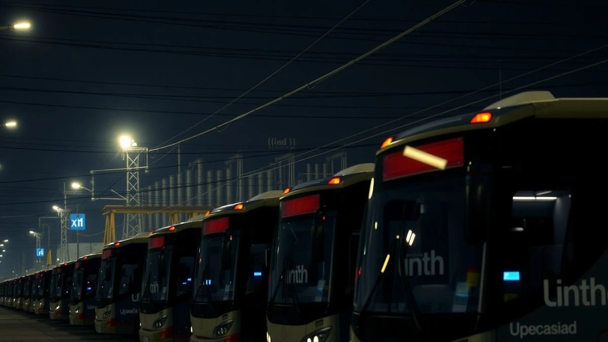 Autobuses eléctricos aparcados en un depósito nocturno con iluminación artificial y una subestación eléctrica de fondo