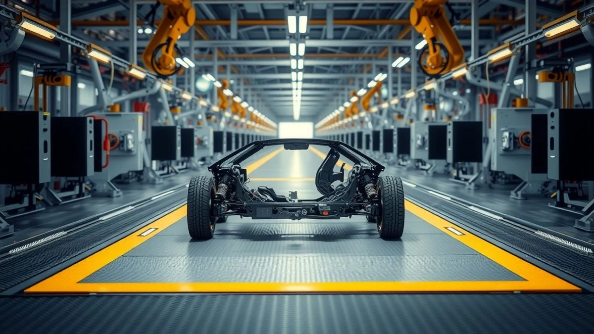 Imagen ilustrativa: línea de montaje de una fábrica de coches con un chasis de vehículo eléctrico en primer plano y brazos robóticos al fondo.