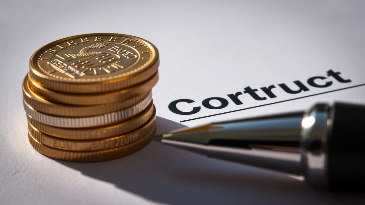 Primer plano de monedas de euro y un documento de convenio colectivo con un bolígrafo, iluminación dramática.