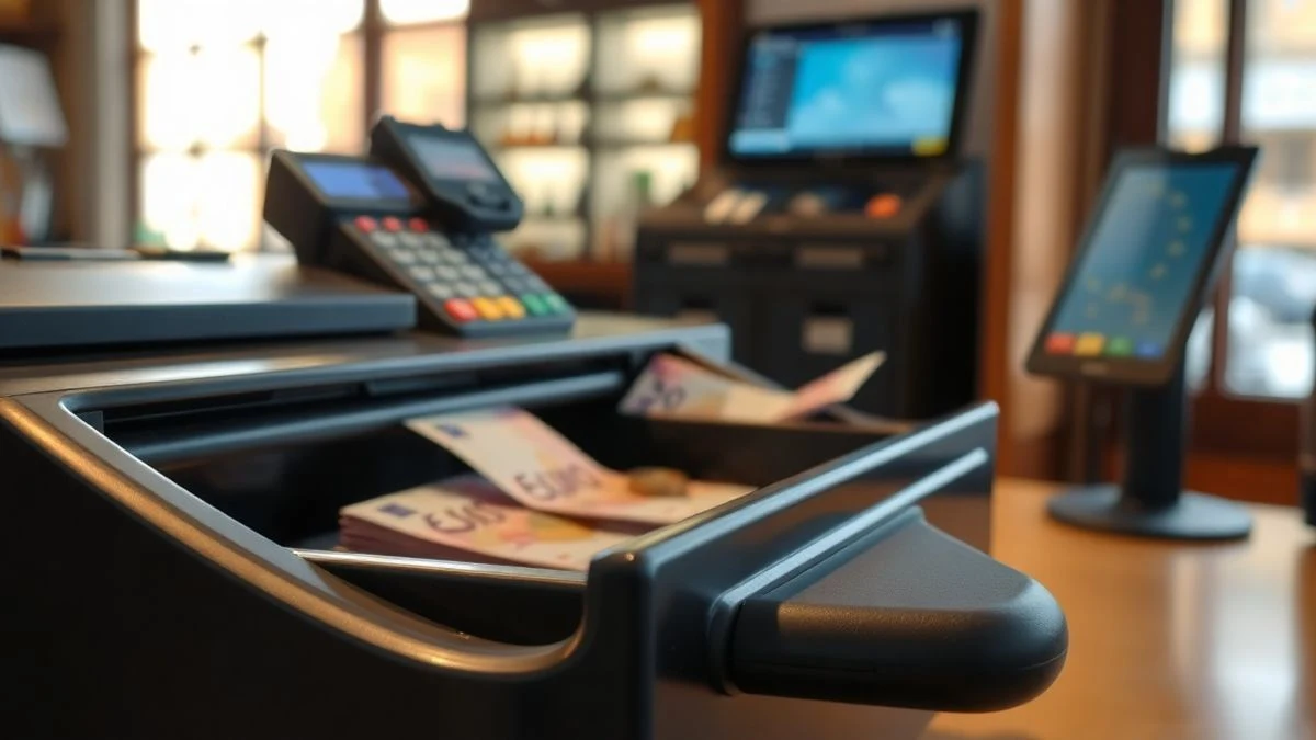 Imagen ilustrativa: caja registradora abierta con billetes y monedas de euro en su interior