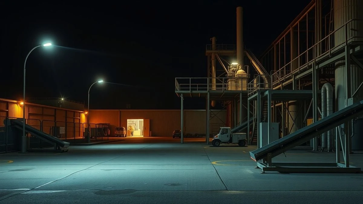 Planta industrial de procesamiento de cítricos iluminada de noche, con focos y maquinaria visible