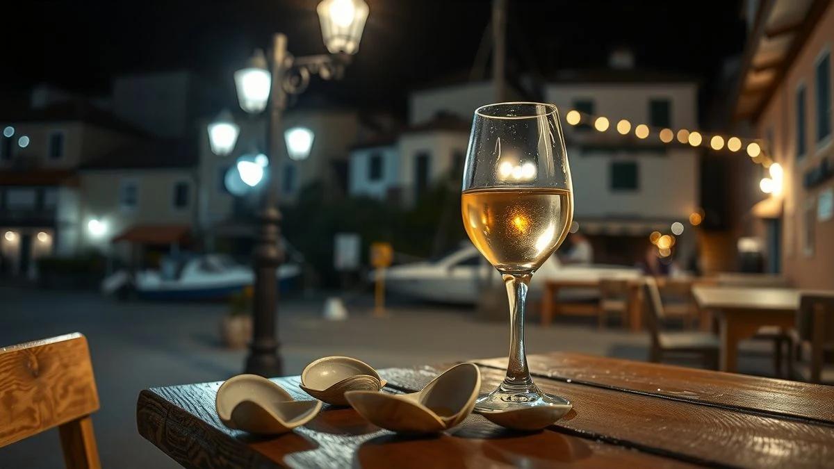 Imagen ilustrativa: mesa de madera con conchas de almeja vacías y una copa de vino blanco, iluminada por farolas y neón tenue, en una plaza de pueblo costero al anochecer.
