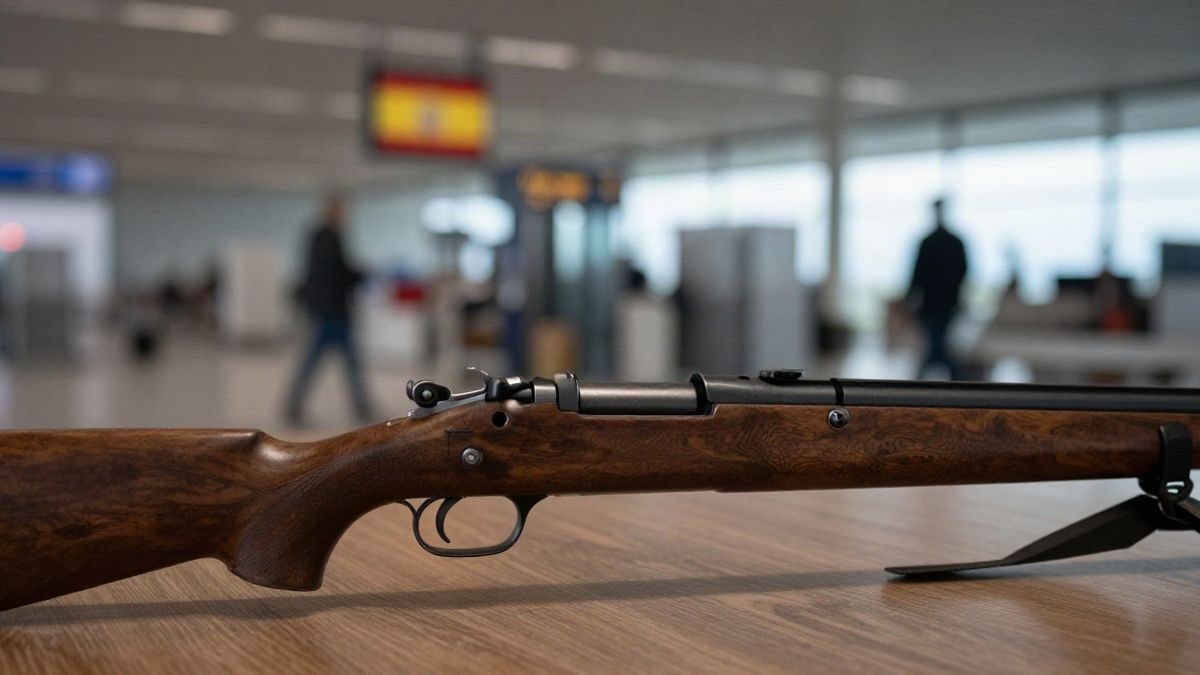 Illustrative image: a wooden hunting rifle on a table in an airport setting, with no people or visible faces.