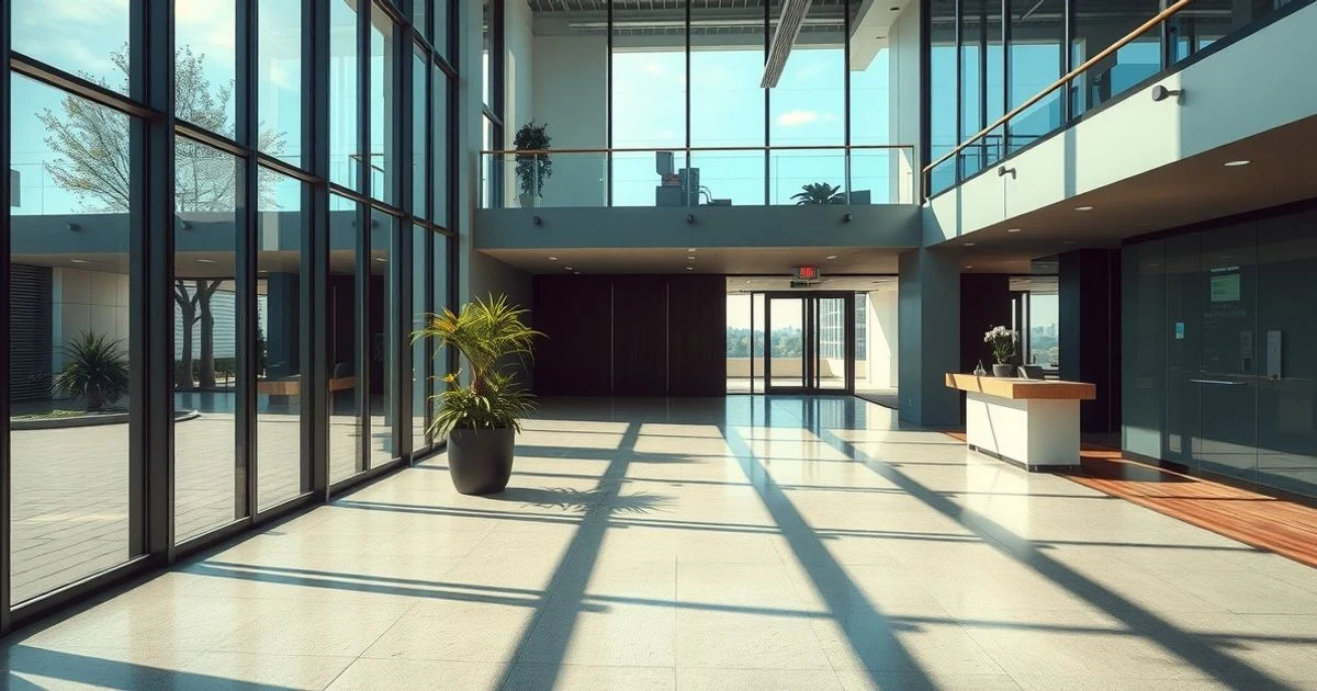 Interior vacío de un edificio de oficinas con luz natural, recepción y planta, sin personas