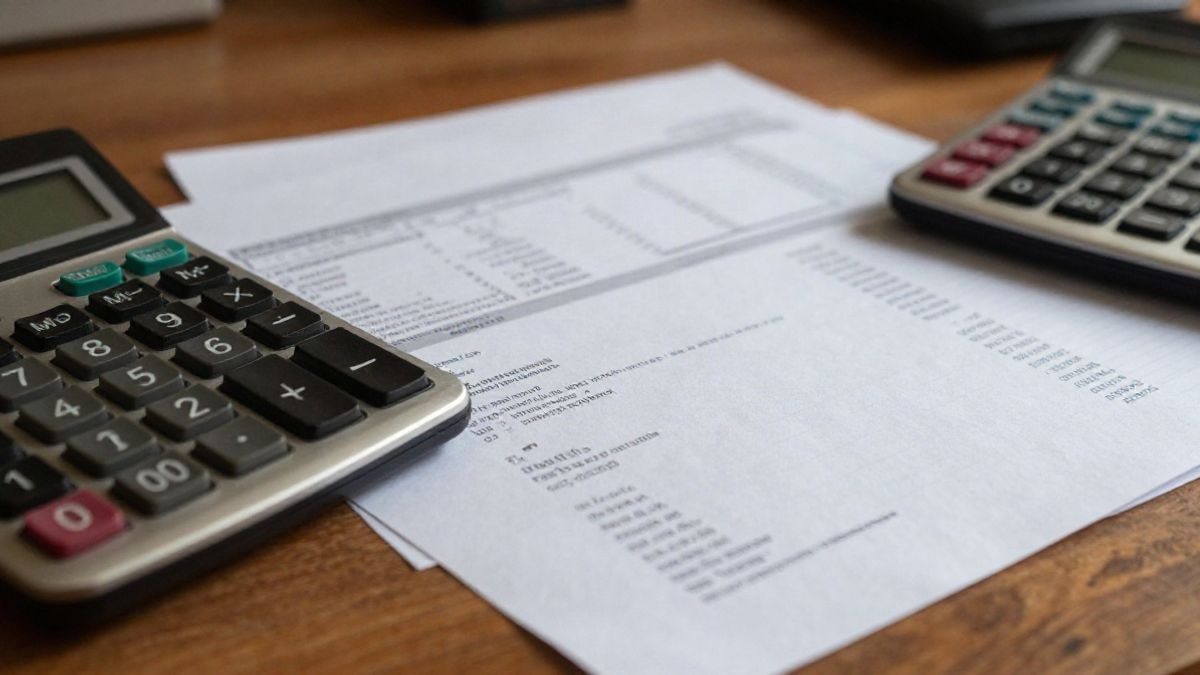 Illustrative image: financial documents and a calculator on a wooden desk, representing saving and investment
