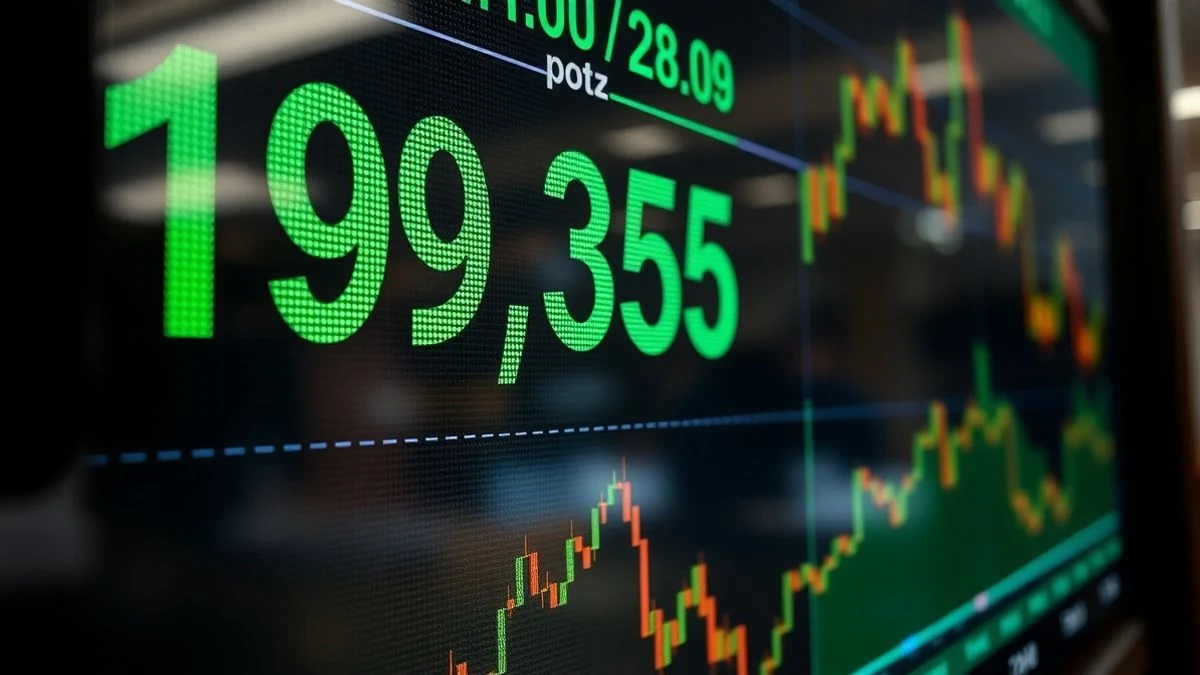 Pantalla digital del Ibex 35 con el índice en 19.356,6 puntos y gráficos de velas en verde