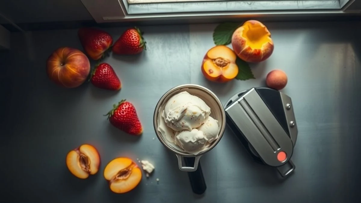 Imagen ilustrativa: vista cenital de una encimera de acero con una pala de helado y fruta fresca, luz natural suave.