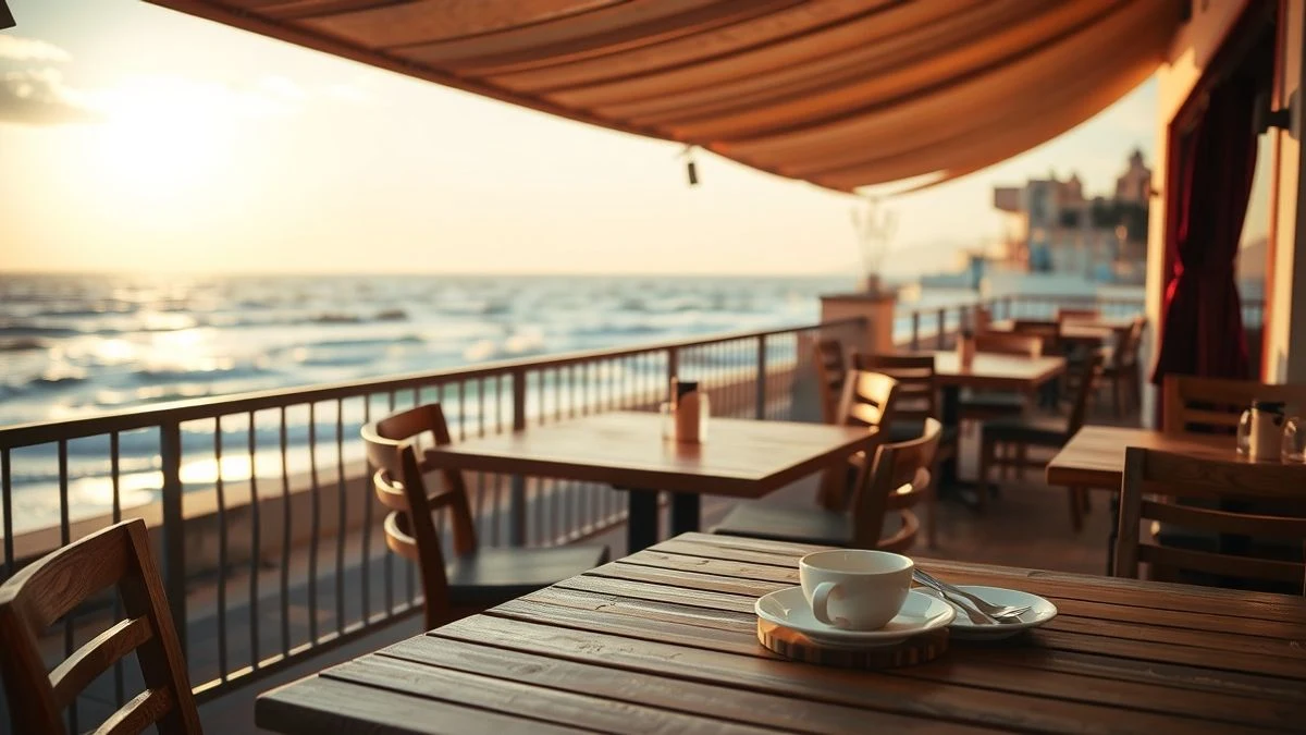 Terraza de un parador frente al mar al atardecer, con mesas y sillas de madera, platos y una taza de café, olas de fondo