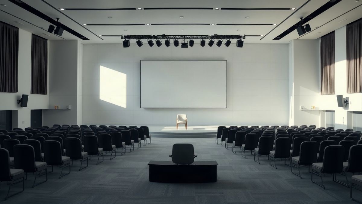 Imagen ilustrativa: un salón de actos vacío con un escenario y una pantalla grande, iluminado con luz natural.