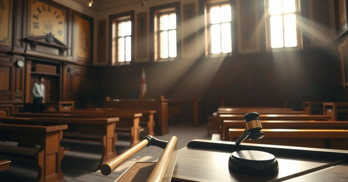 Sala de tribunal vacía con luz natural, banco de jueces y mazo sobre la mesa