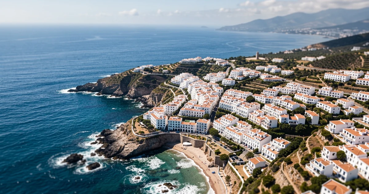 Vista aérea de la costa de Estepona con edificios blancos y mar azul en un día soleado
