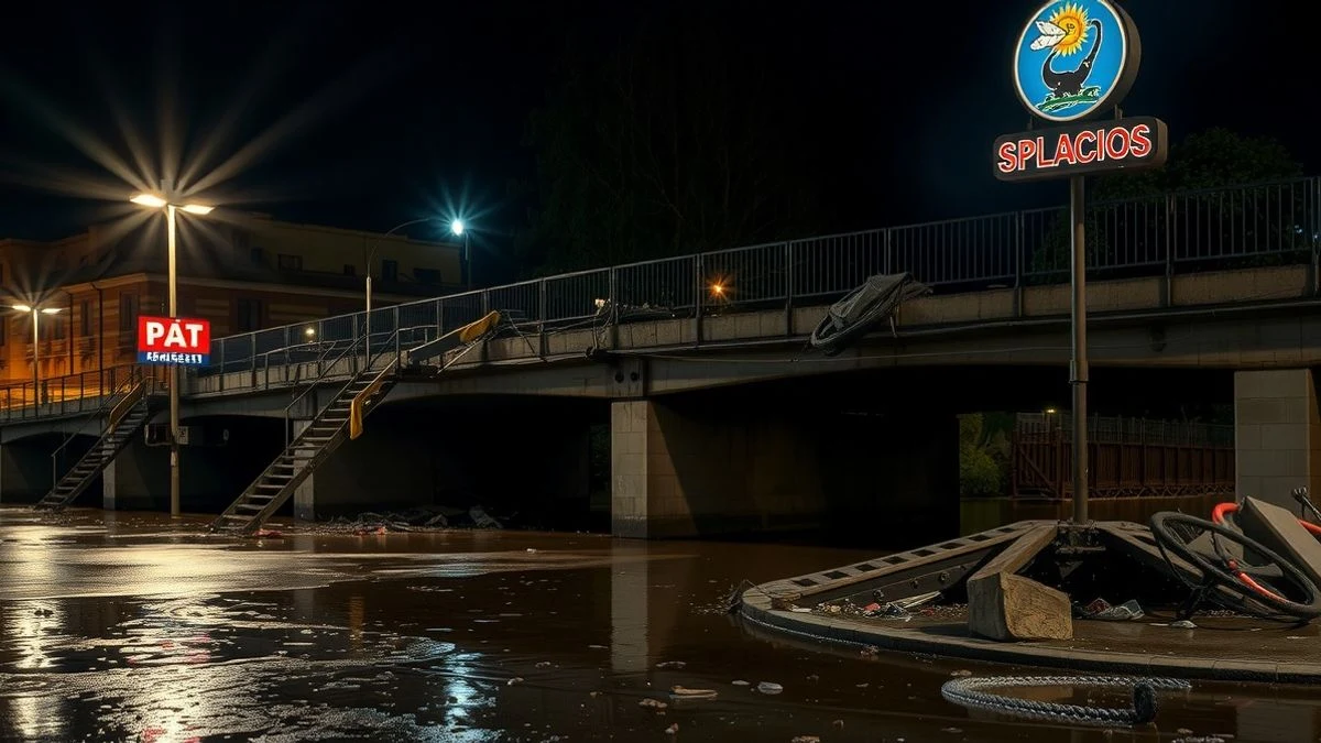 Puente dañado por inundaciones iluminado por farolas y neón por la noche