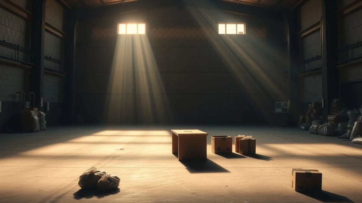 Imagen ilustrativa: un almacén vacío con una mesa volcada y cajas de cartón esparcidas, iluminado por luz natural.