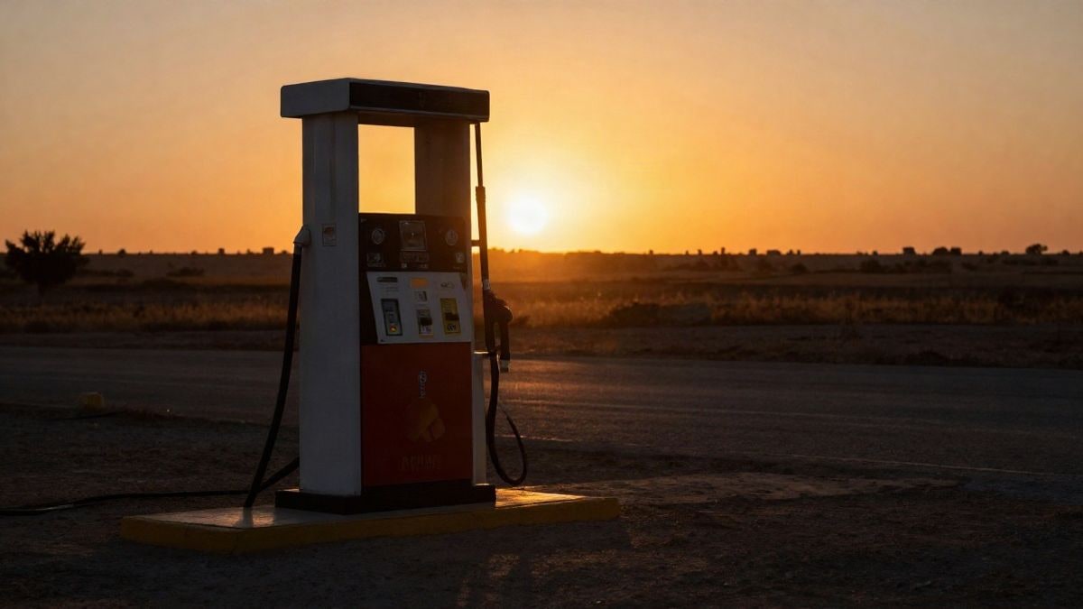 Imagen ilustrativa: silueta de un surtidor de gasolina a contraluz al atardecer con sombras largas