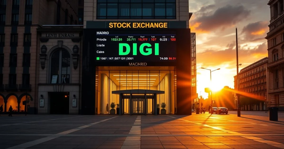 Fachada del edificio de la Bolsa de Madrid con una pantalla digital que muestra cotizaciones y el nombre 'DIGI' en verde.