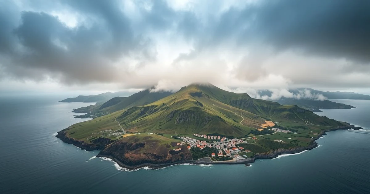 Vista aérea de la isla de El Hierro con un pueblo y colinas verdes bajo un cielo nublado dramático