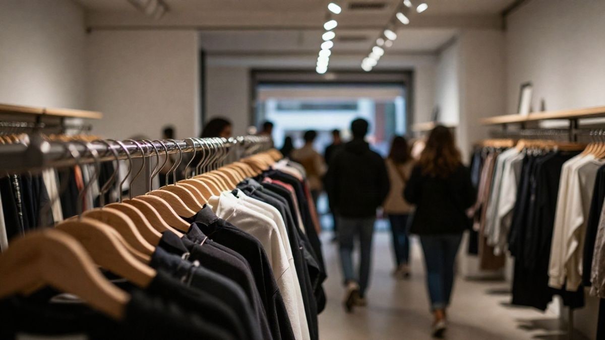 Illustrative image: interior of a contemporary fashion store with women's clothing on display, dramatically lit.
