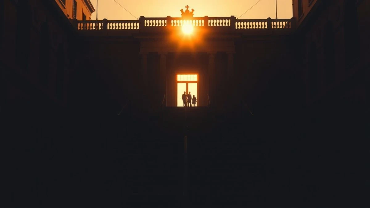 Fachada del Senado de España al atardecer con contraluz y sombras largas