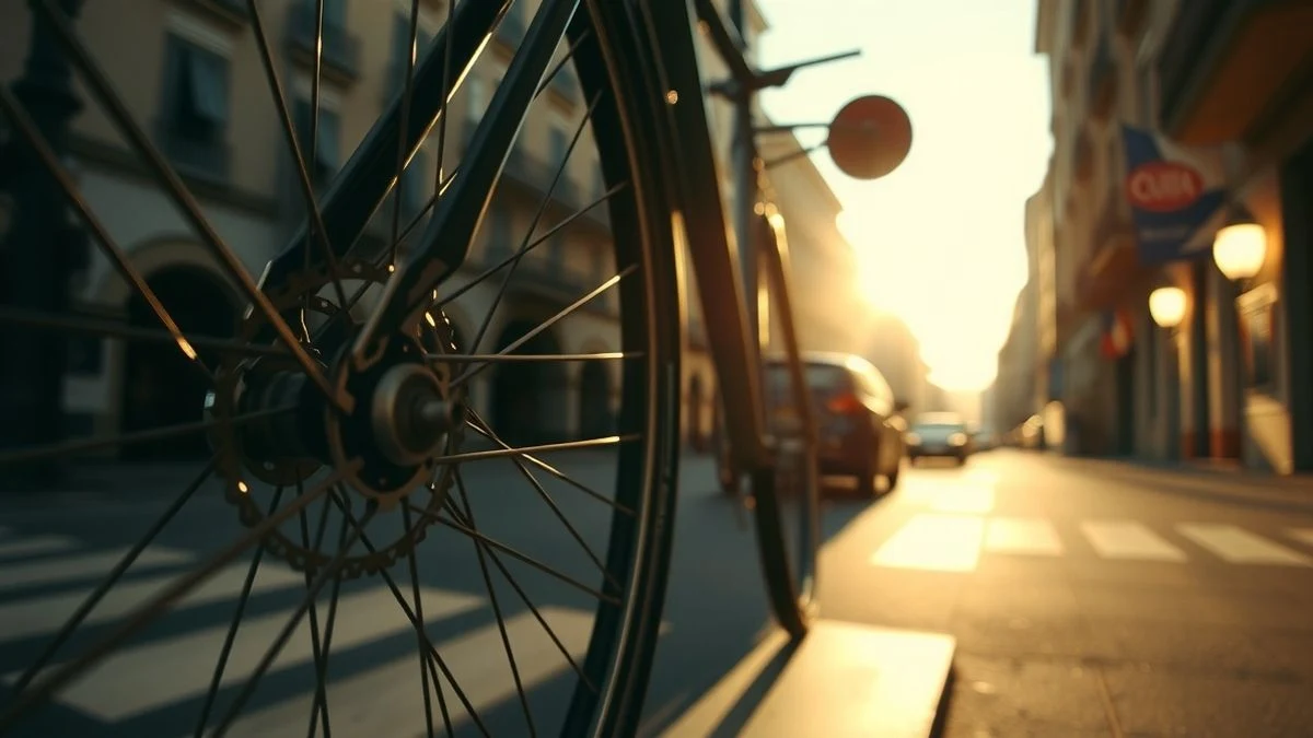 Imagen ilustrativa: primer plano de una rueda de bicicleta urbana al atardecer, con fondo desenfocado de calle.