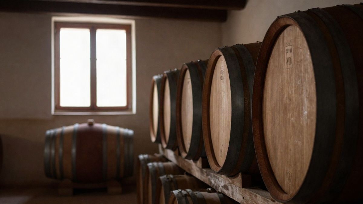 Illustrative image: interior of a winery with oak barrels and natural light