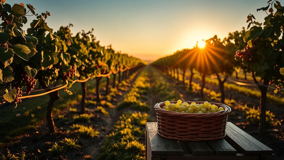 Imagen ilustrativa: Cesta de uvas verdes en una caja de madera al amanecer, con viñedos de fondo y luz natural dramática.