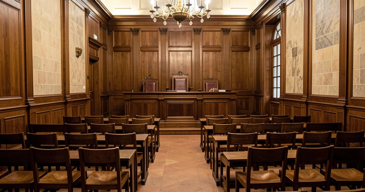 Sala de tribunal vacía en España con estrado y sillas de madera