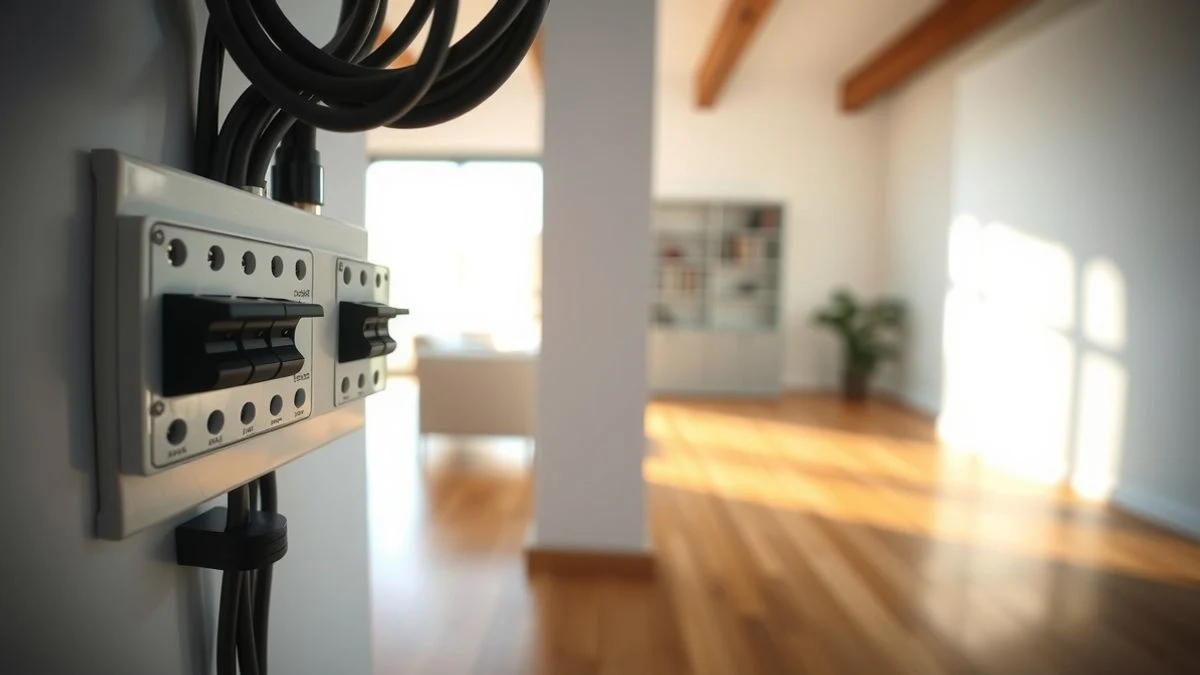 Imagen ilustrativa: primer plano de un cuadro eléctrico en un gimnasio, con interruptores y cables, fondo desenfocado de sala de entrenamiento