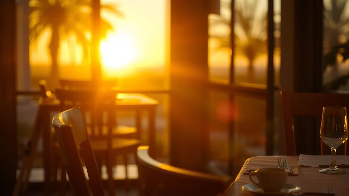 Imagen ilustrativa: mesa de restaurante para dos personas al atardecer, con un menú en euskera sobre el plato y sombras largas