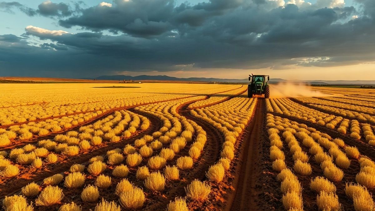 Imagen ilustrativa: campo de secano con un tractor al fondo bajo un cielo dramático al atardecer