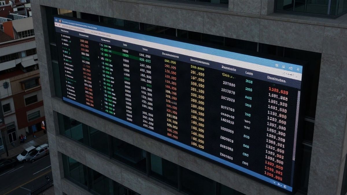 Imagen ilustrativa: vista aérea de un edificio de oficinas financieras con pantallas digitales que muestran datos de préstamos, simbolizando la inversión en créditos morosos.