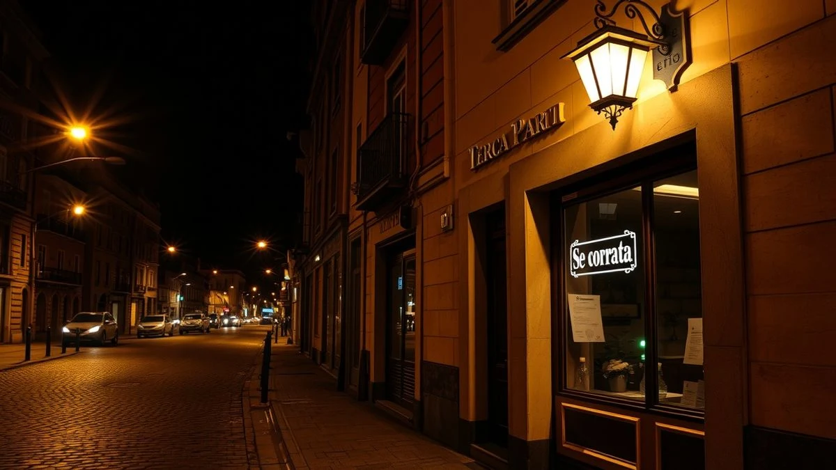 Calle nocturna en La Palma con farolas y un cartel de se contrata en un escaparate