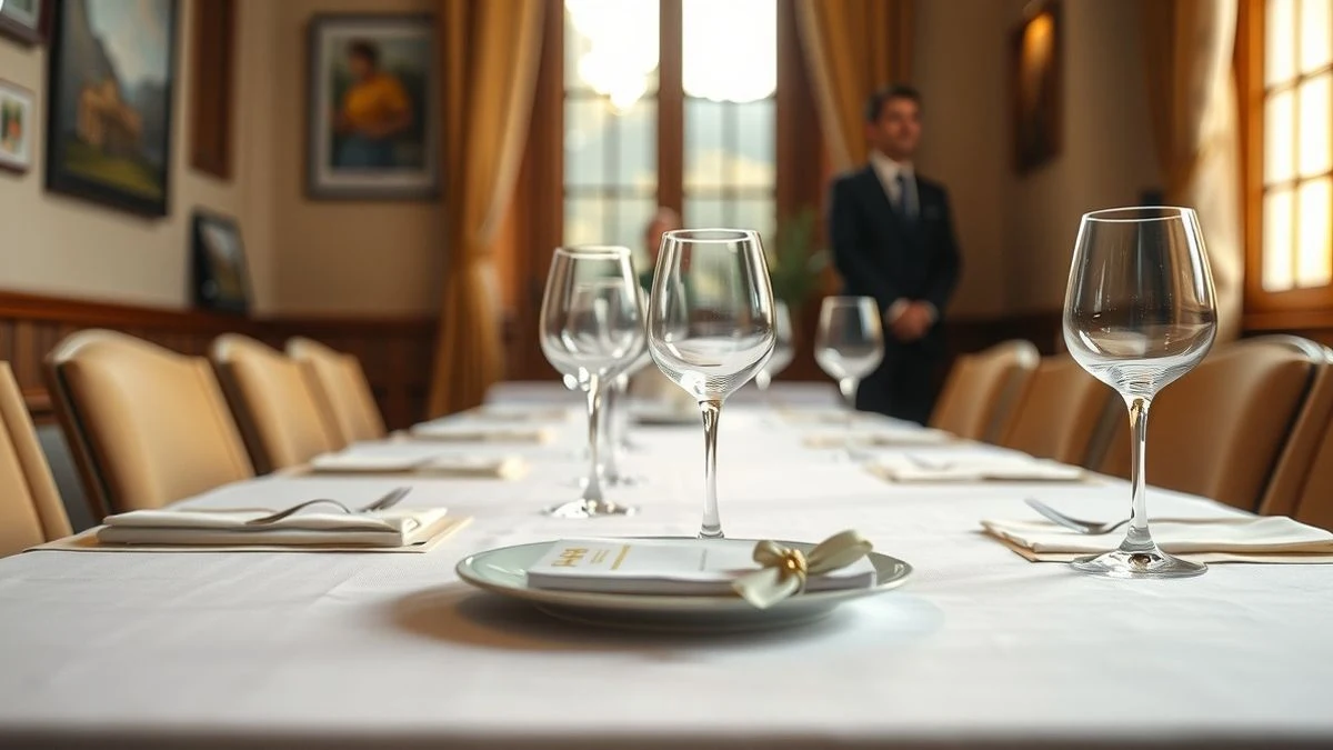 Imagen ilustrativa: mesa de restaurante preparada para una reunión empresarial, con mantel, copas y un obsequio conmemorativo, luz natural suave.