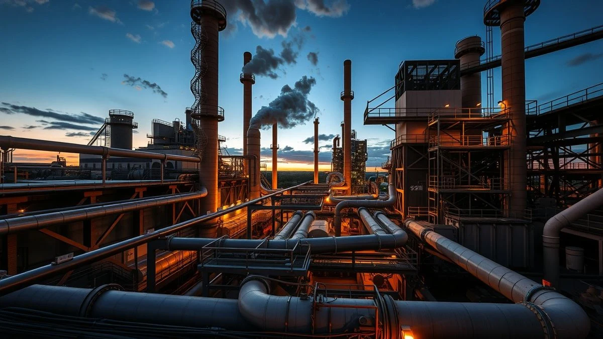 Imagen ilustrativa: vista en gran angular de una planta industrial con tuberías y chimeneas al atardecer, sin personas ni logos identificables