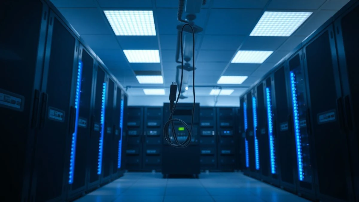 Servidores de computación iluminados con luces LED azules en una sala vacía