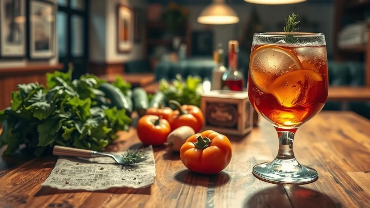 Imagen ilustrativa: mesa de madera con productos locales frescos y un cóctel artesanal en un restaurante
