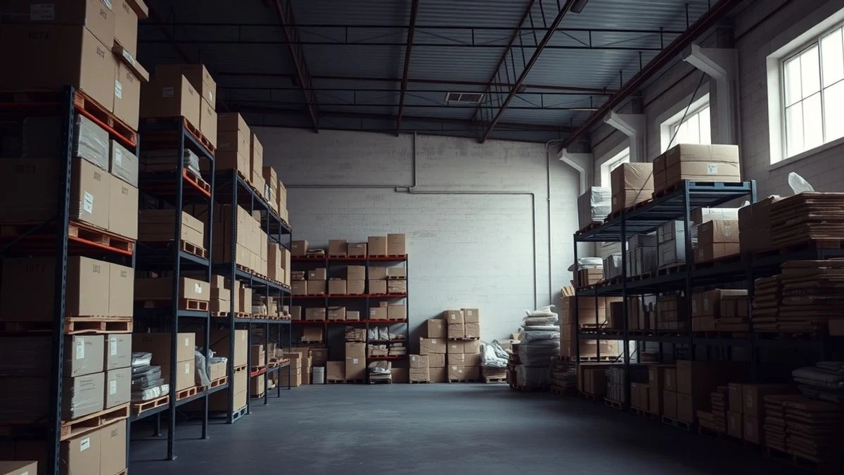 Imagen ilustrativa: interior de un almacén industrial con estanterías y cajas, iluminado por luz de ventana lateral