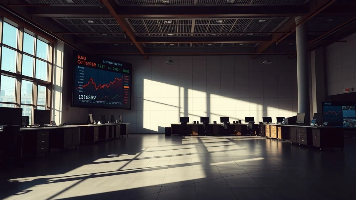Pantalla digital de bolsa con gráfico a la baja en una sala de operaciones vacía iluminada por luz natural