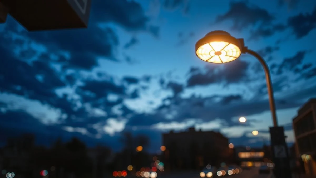 Imagen ilustrativa: una farola LED moderna iluminada al atardecer en una calle de la ciudad