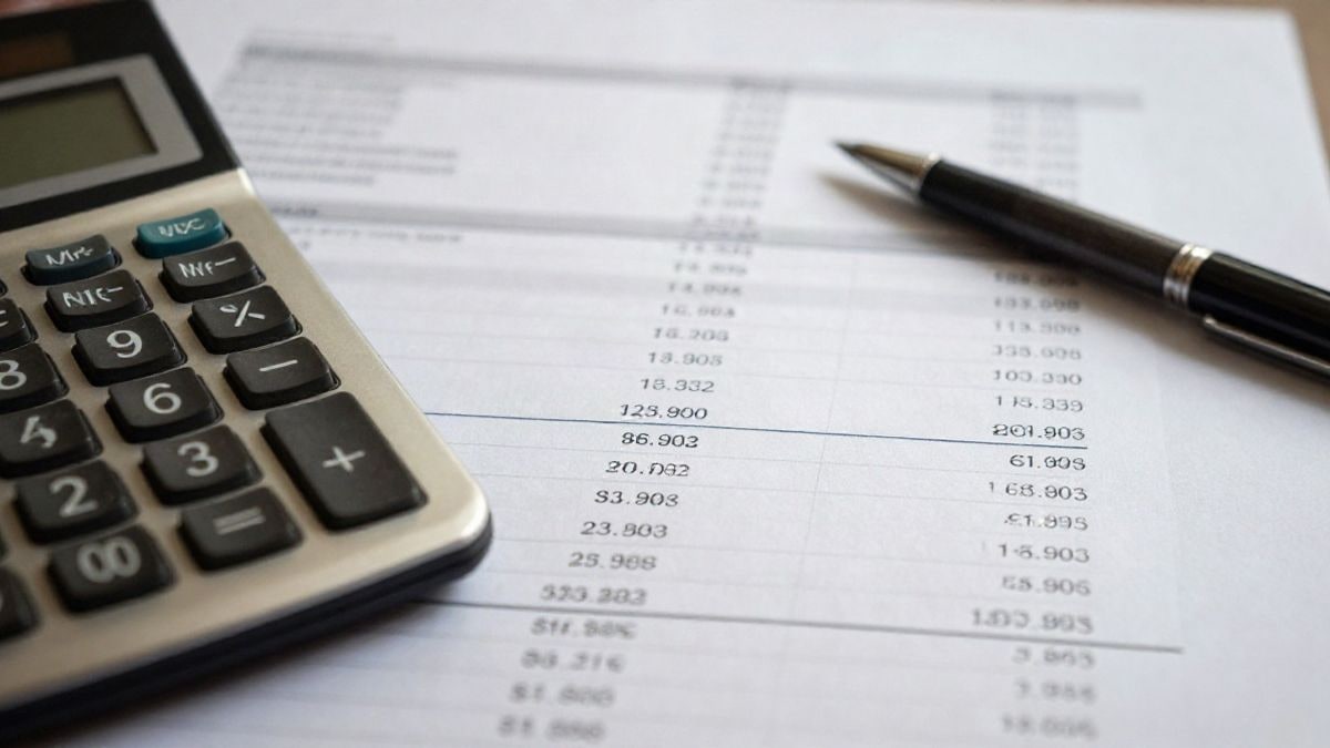 Illustrative image: financial documents on a table with calculator and pen, symbolising investment and valuation