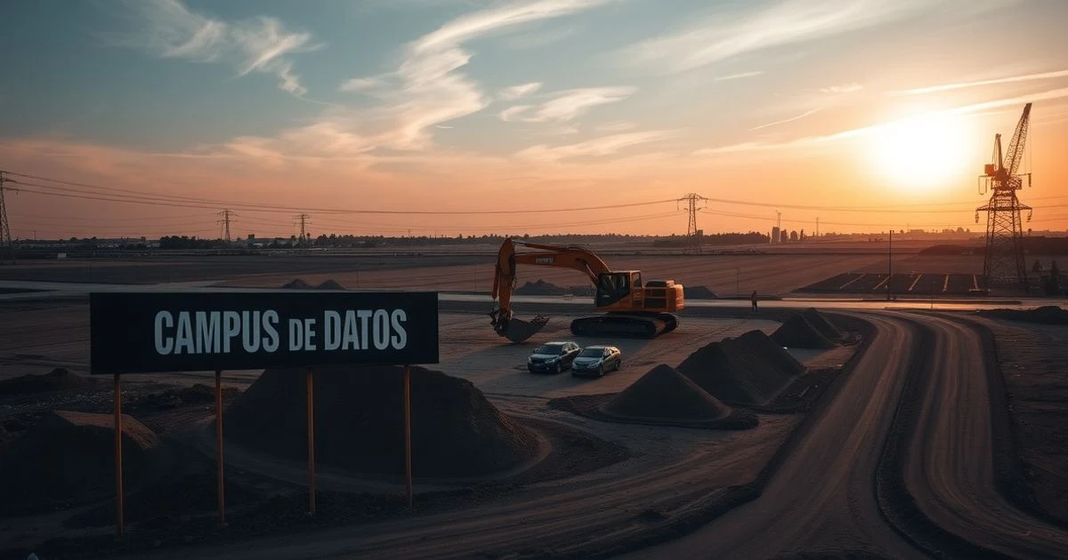 Vista aérea de una gran obra con maquinaria de excavación en un terreno vacío al atardecer, con cartel del campus de datos.