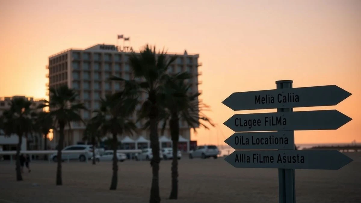 Imagen ilustrativa: vista del hotel Meliá Calvià Beach al atardecer, con siluetas de palmeras y sombras largas en la playa, y un cartel indicador sin texto en primer plano.