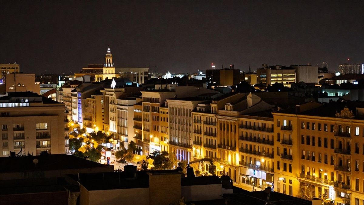 Illustrative image: night view of a lit city, showing buildings and streetlights in a generic urban setting.